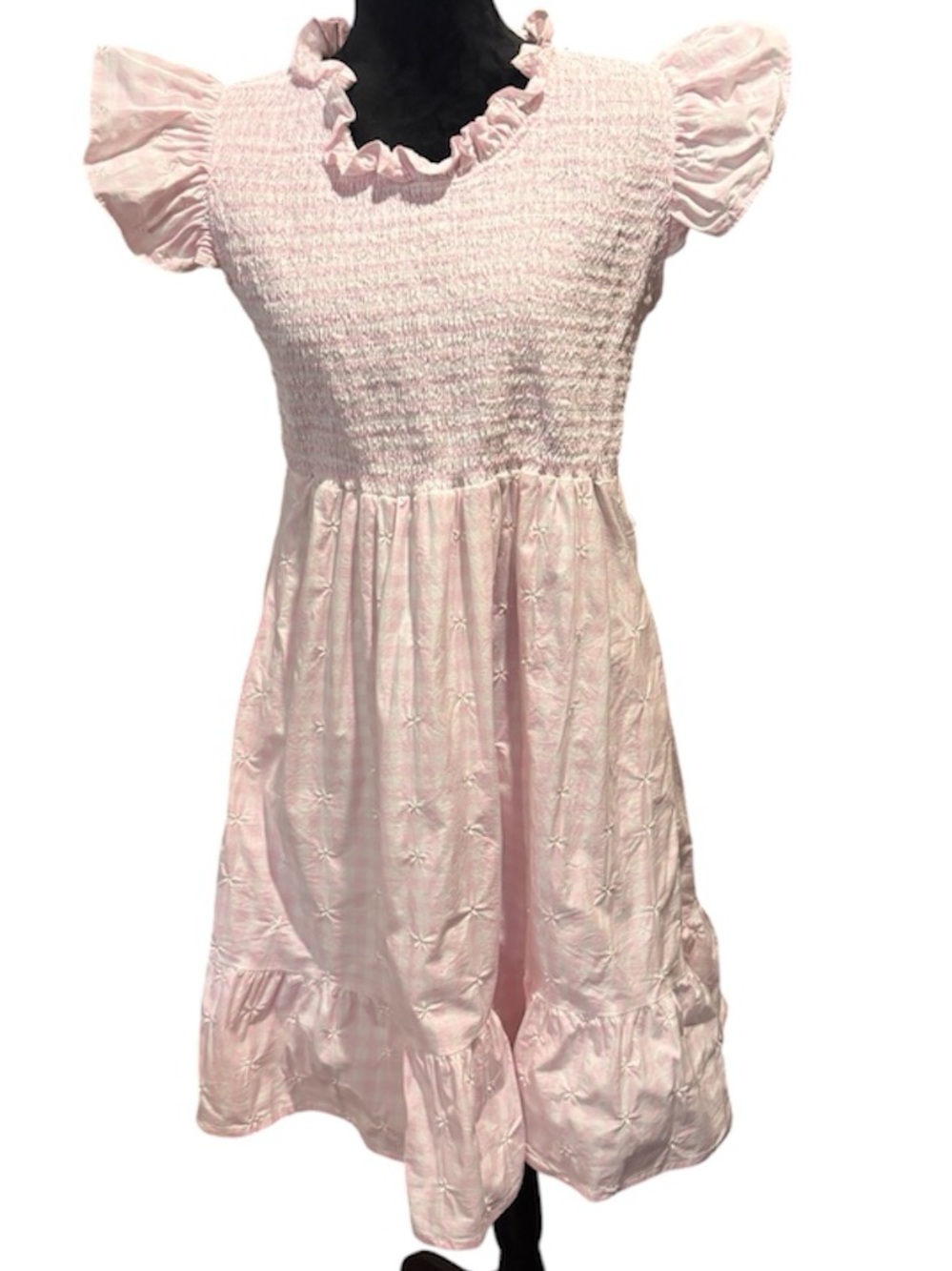 Dondolo Smocked Ruffle Sleeve Gingham Dress, XXL,Girly Feminine Shabby Chic